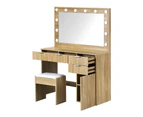 Oikiture Dressing Table Stool Set Makeup Large Mirror Dresser 12 LED Bulbs Oak