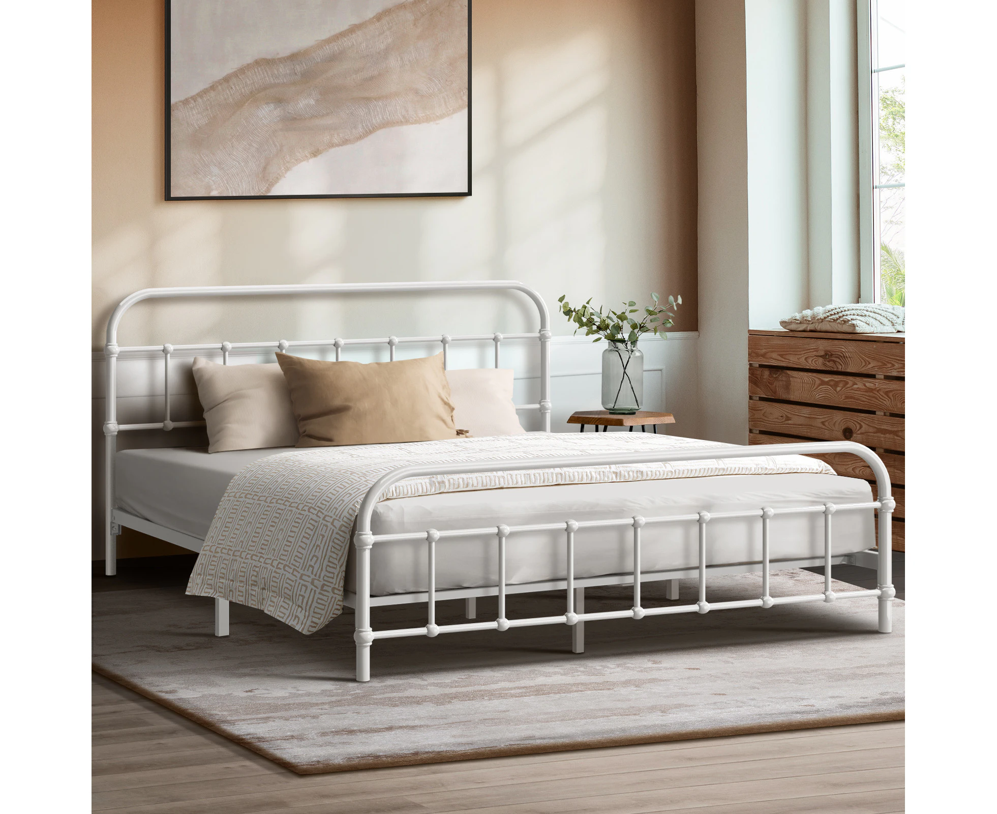 Oikiture Bed Frame Metal Bed Base Double Size Bed Platform White