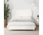 Oikiture Bed Frame Double Size Boucle Cloud Shape Headboard Wood Slats White