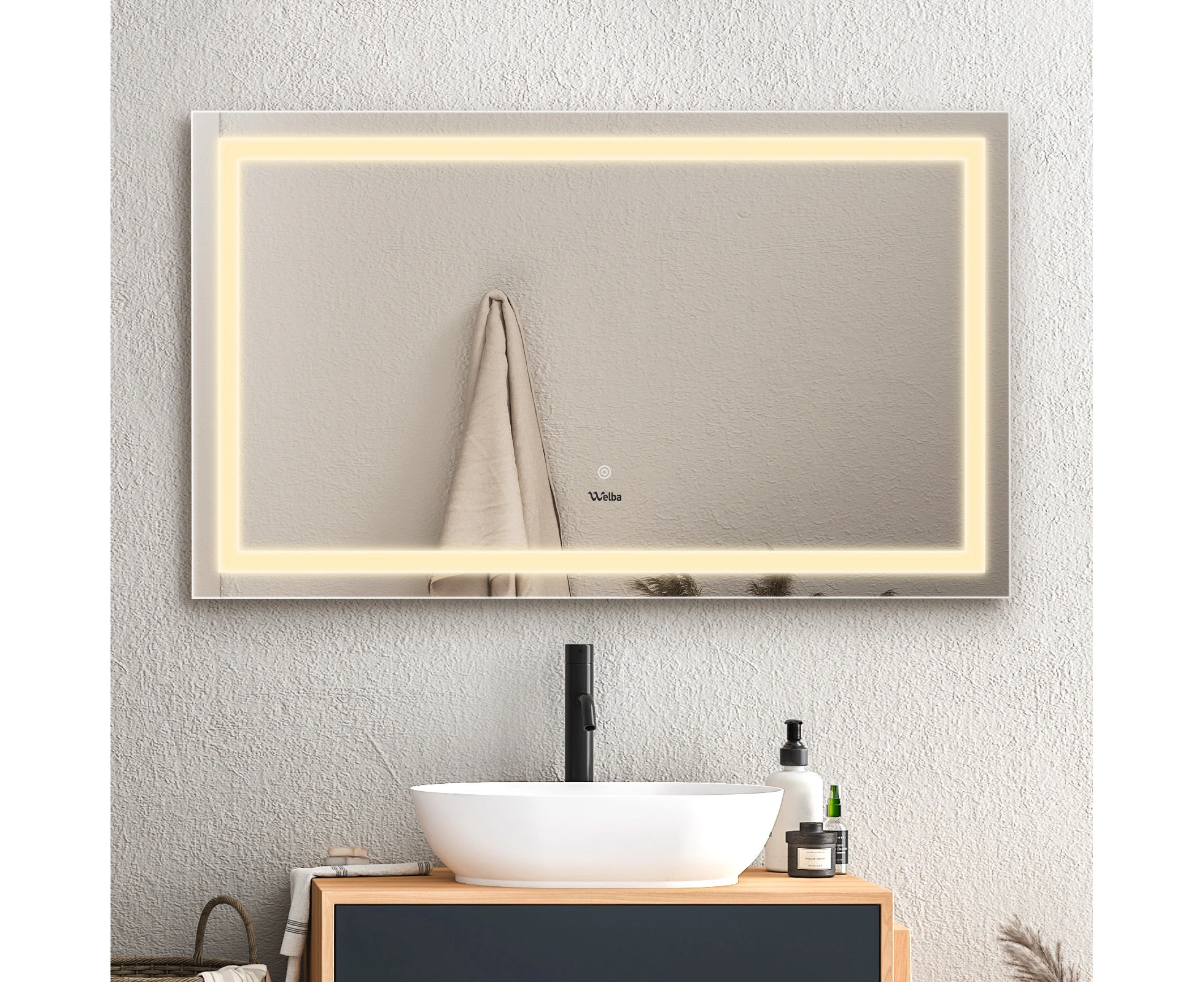 Welba 120x70cm LED Rectangle Bathroom Mirror Large Makeup Anti-fog Smart Wall Mounted Mirrors Light Decor 3 Colors Light Touch Switch IP65