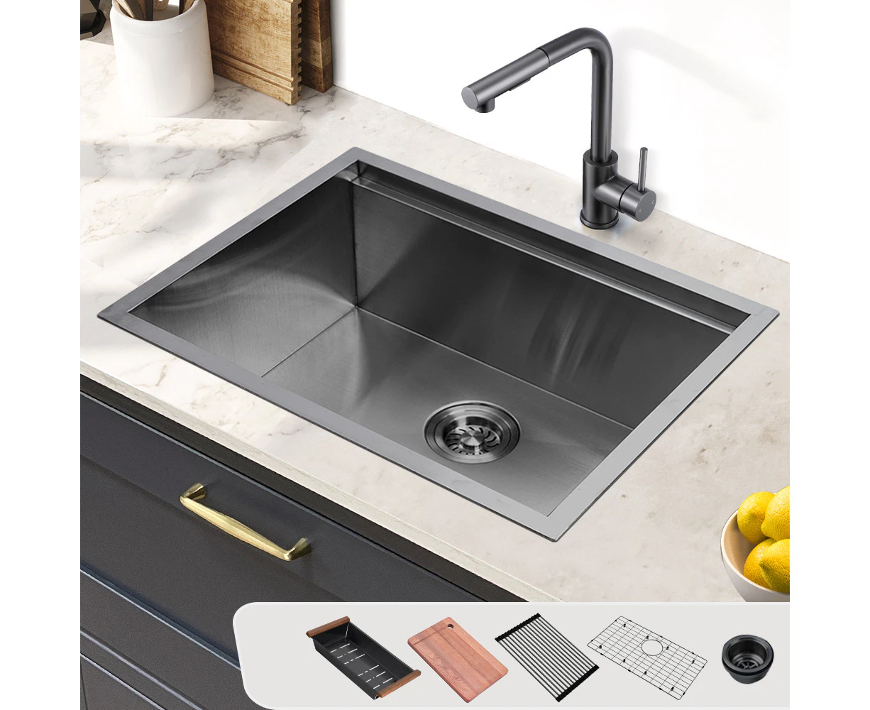 Simplus Stainless Steel Kitchen Workstation Sink 60x45CM Laundry Undermount Single Bowl Set Black