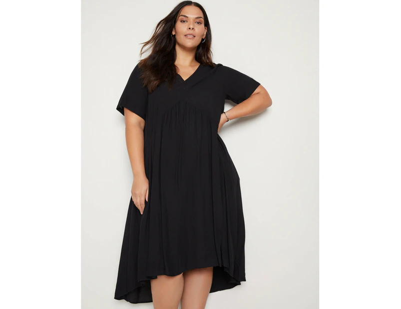 AUTOGRAPH - Plus Size - Womens Dress -  V Neck Short Sleeve Hi Low Woven Dress - Black