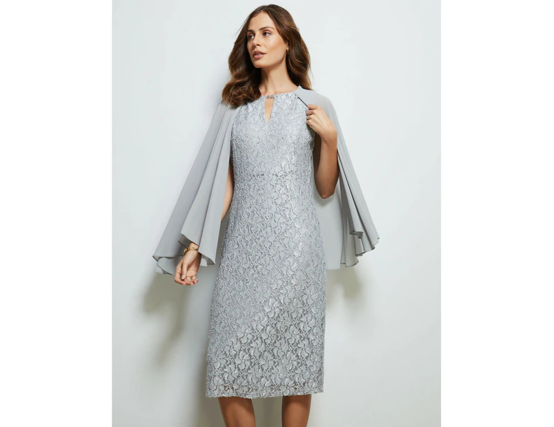NONI B - Womens Dress - Sequin Lace Dress With Cape - Silver
