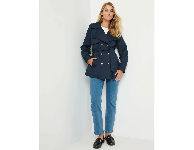 NONI B - Womens Jacket -  Tie Waist Short Trench - Navy Blazer