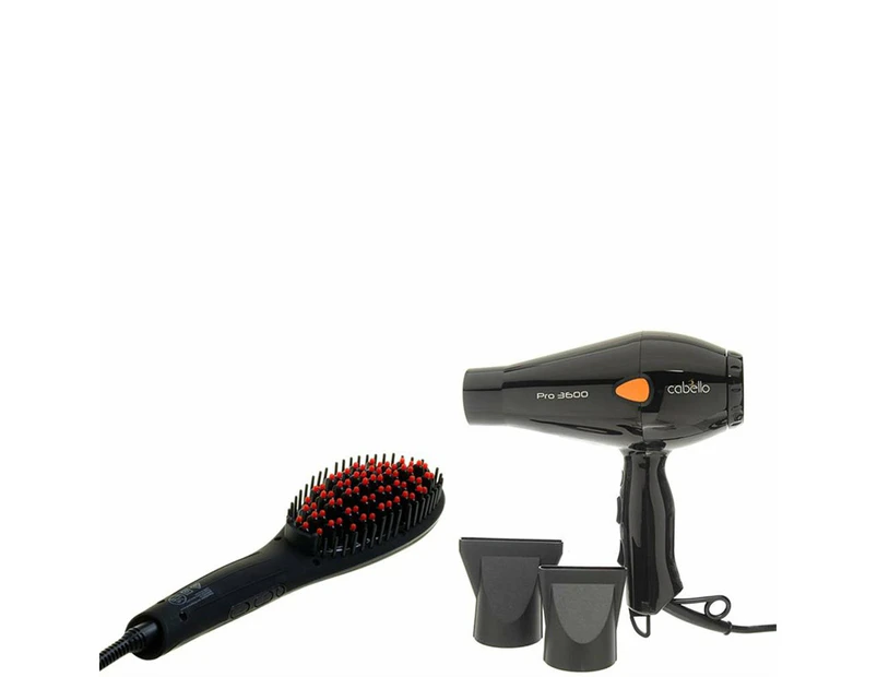Cabello Hair Dryer PRO 3600 + Glow Straightening Brush - Hair Styling Set - Black