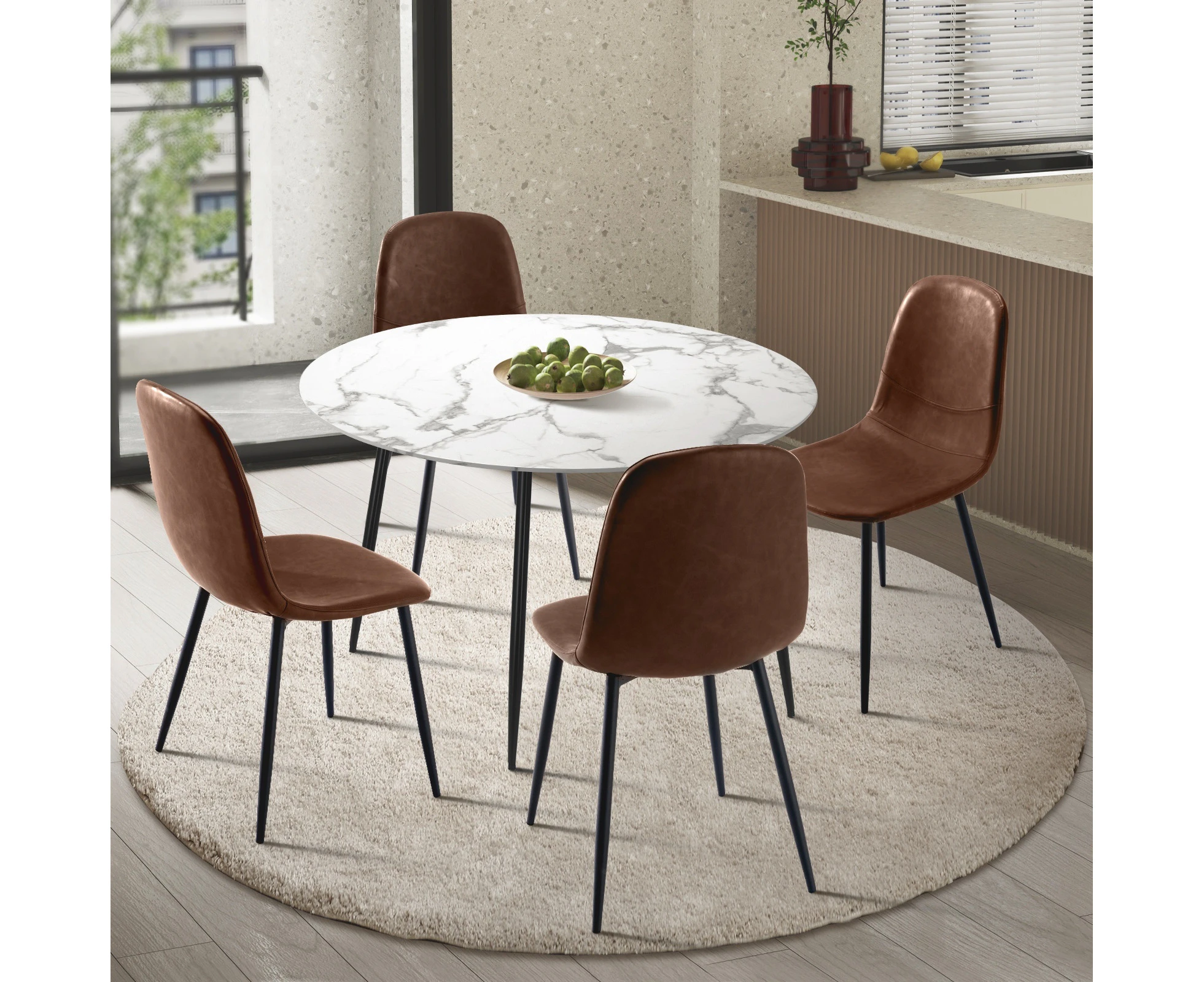 Oikiture 5PCS Dining sets 110cm Round Table with 4PCS Chairs PU Brown