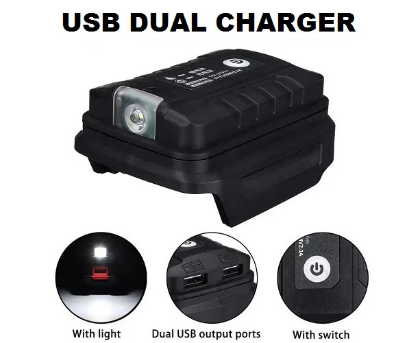 USB Port Mobile Phone Charger Adapter & LED For Makita 18V Li-ion Battery - Black Edition