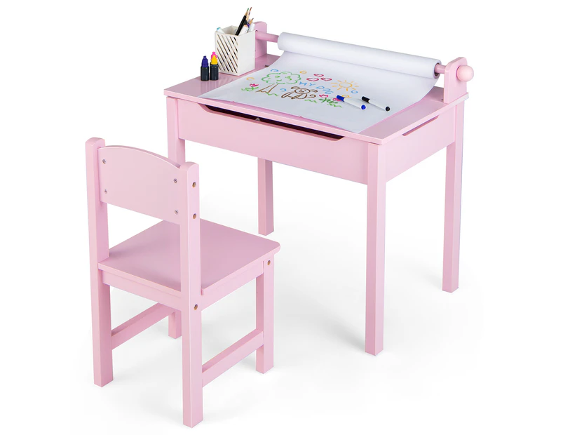 Giantex Kids Art Table Set Lift-Top Toddle Craft Table Chair Set w/Paper Roll Holder & Markers Kids Activity Table & Chair Pink