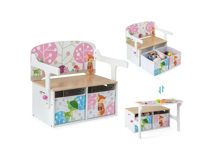 Giantex 3 in 1 Kids Convertible Table Set Children Table & Chair Set w/Fabric Drawer Toddlers Activity Bench White