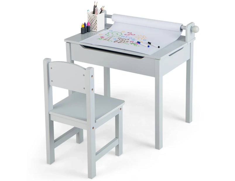 Giantex Kids Art Table Set Lift-Top Toddle Craft Table Chair Set w/Paper Roll Holder & Markers Kids Activity Table & Chair Grey