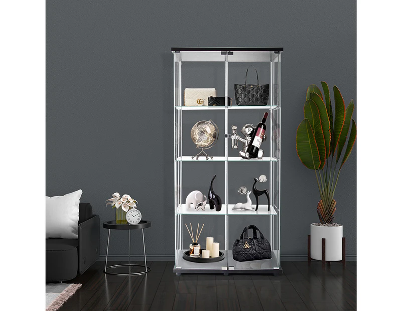 Stacked 164cm Glass Display Cabinet Collections Storage 4 Tier Shelves 2 Doors - Black