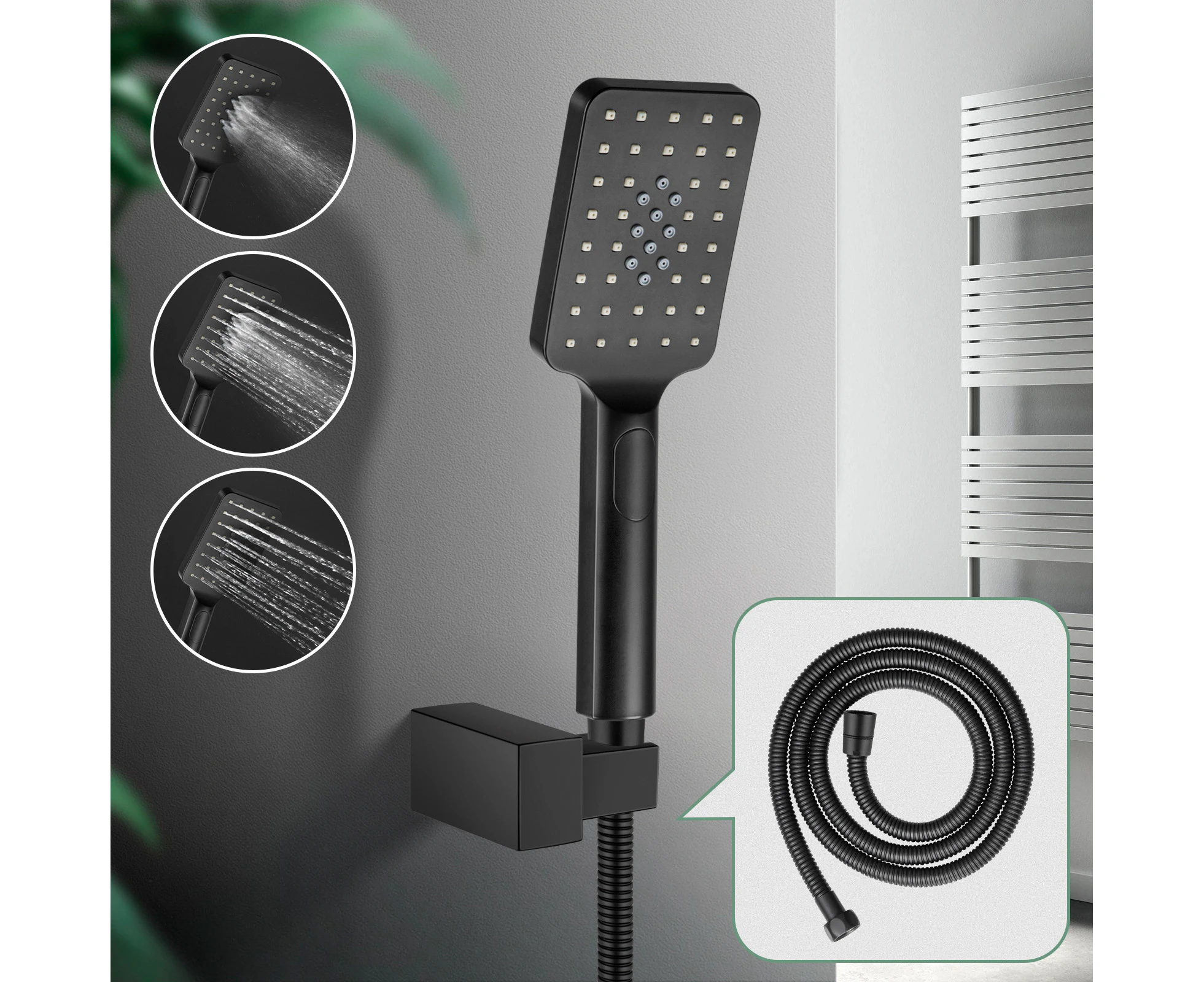 3 Modes HandHeld Shower Head with Stainless steel hose Rainfall Shower Square Black