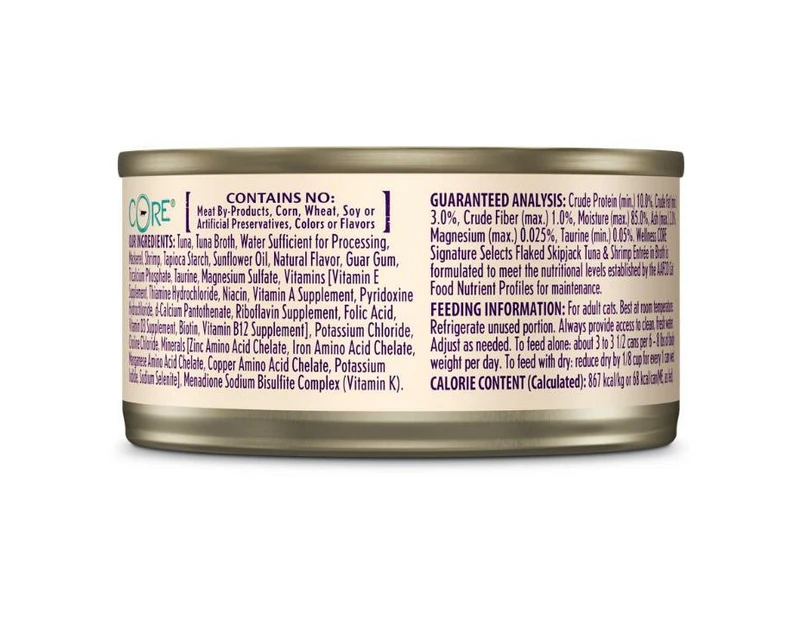 Wellness Core Signature Selects Flaked Skipjack Tuna With Shrimp Entrée in Broth Wet Cat Food 79G