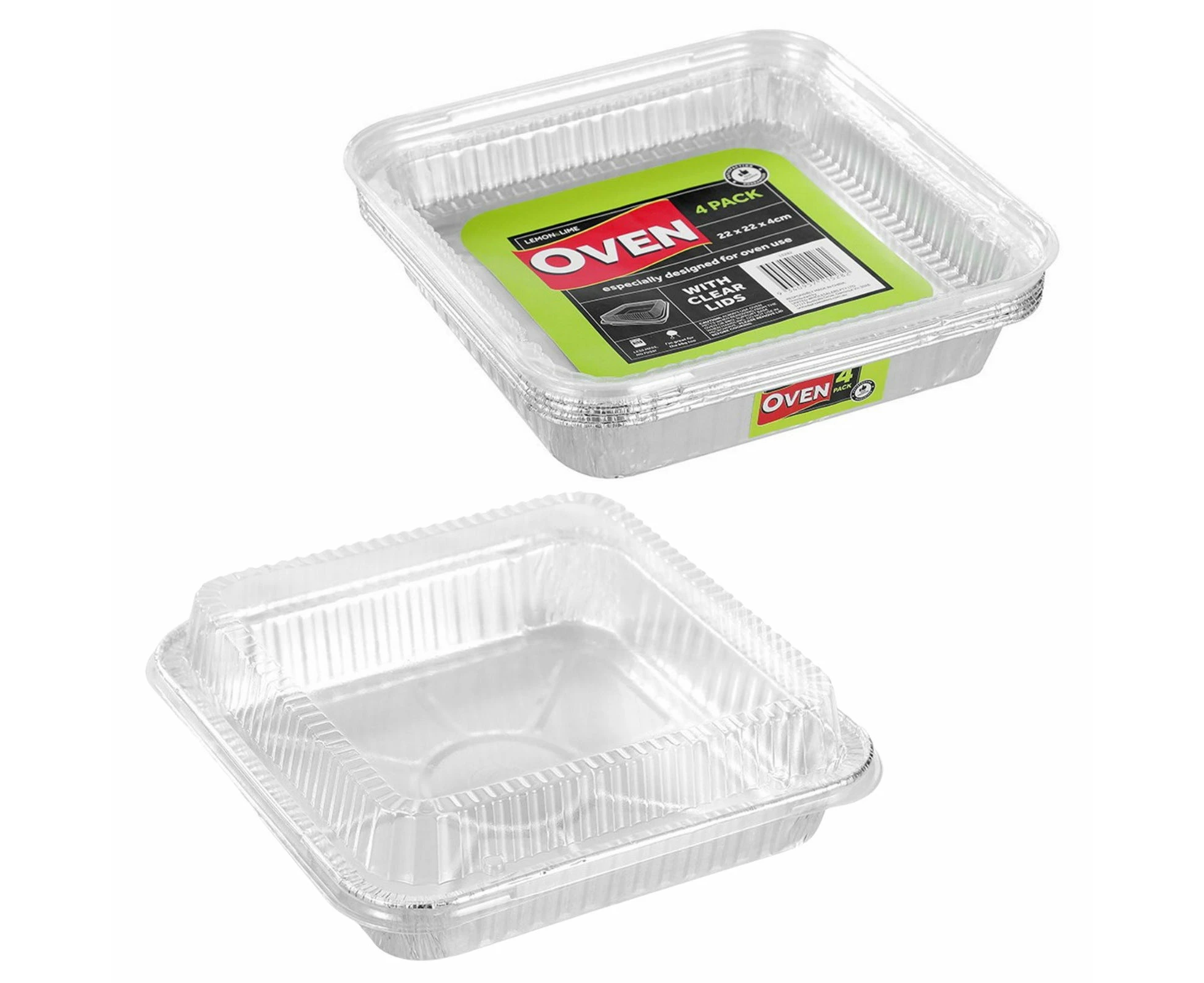 Square Foil Trays With Lids 22cm x 2cm x 4cm (Pack of 4)