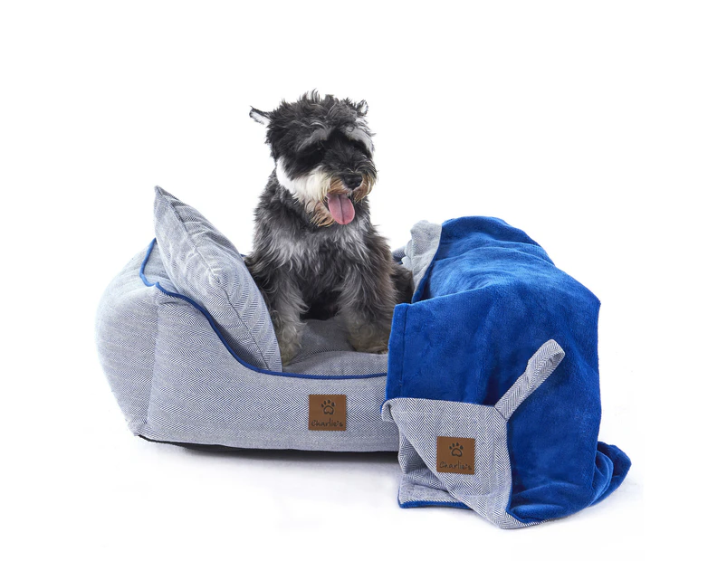 Charlie's Hampton Herringbone 3pc Dog Bed Blue (Small,Medium,Large)