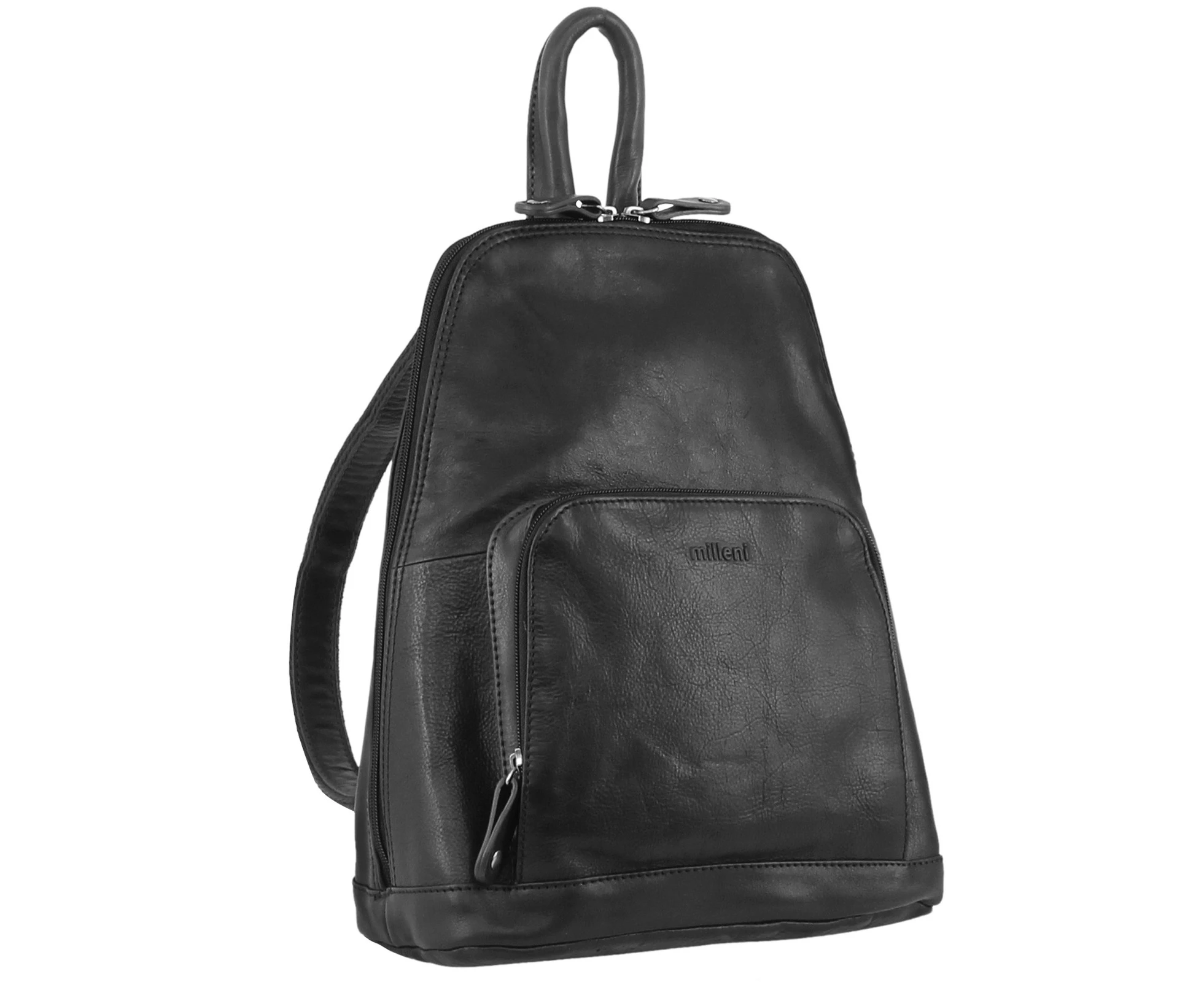 Milleni Womens Twin Zip Backpack Nappa Italian Leather Travel Bag - Black