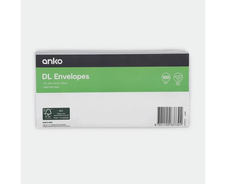 DL Peel and Seal Envelopes 100 Pack - Anko