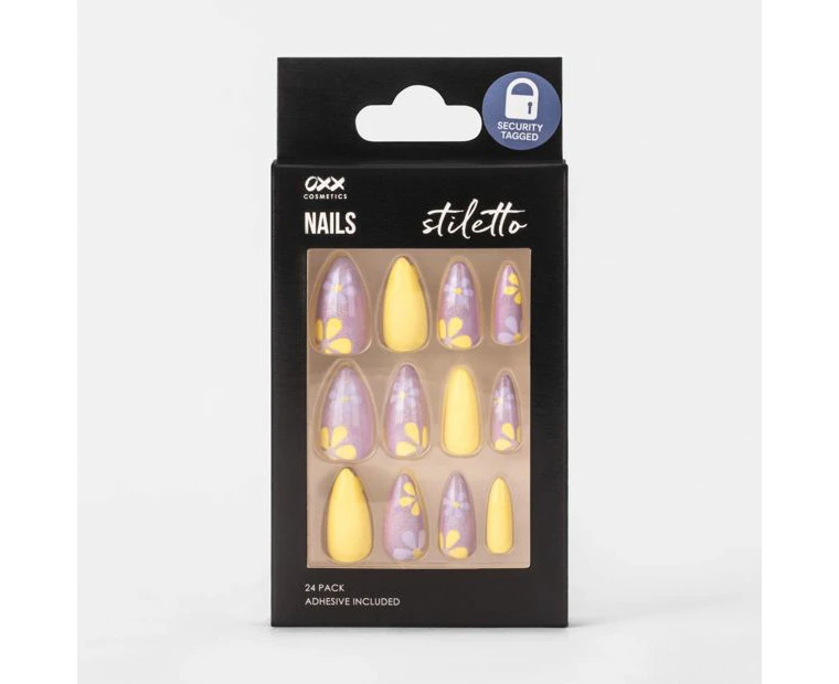 False Nails 24 Pack, Stiletto Shape, Floral Shimmer - OXX Cosmetics