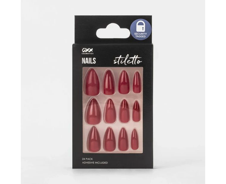 False Nails 24 Pack, Stiletto Shape, Ruby Red - OXX Cosmetics