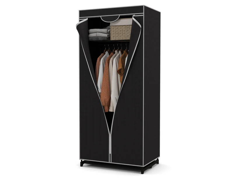 Giantex Folding Fabric Wardrobe Free-Standing Clothes Cabinet Closet Organiser Metal Frame w/Storage Shelves & Hanging Rail Black