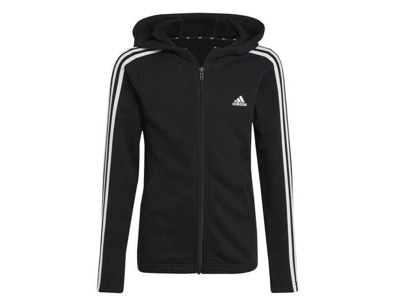 Adidas Girls' Essentials 3-Stripes Fleece Full-Zip Hoodie - Black/White