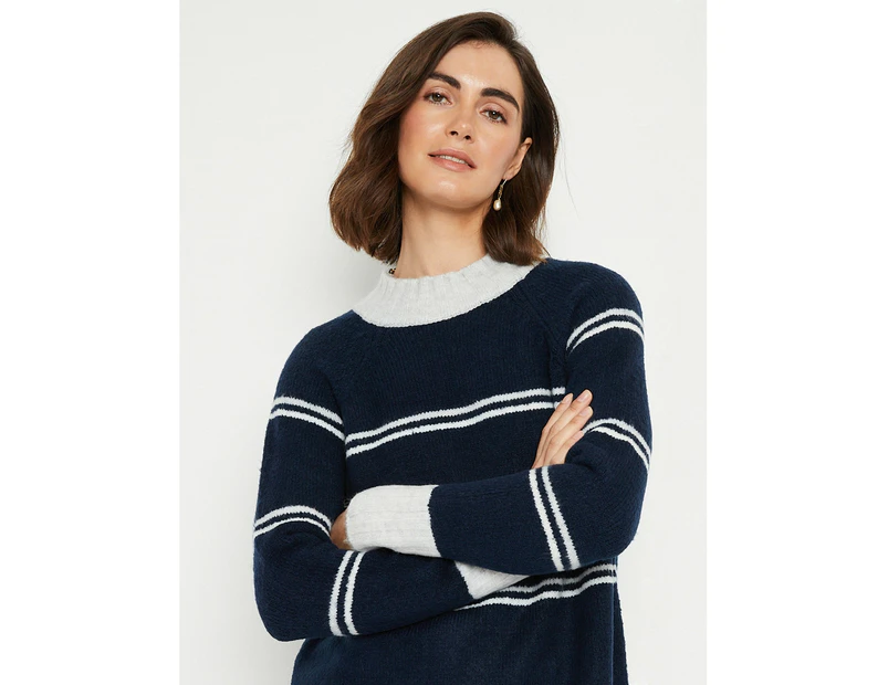 NONI B - Womens Jumper -  Stripe Rib Hem Jumper - Navy Blazer