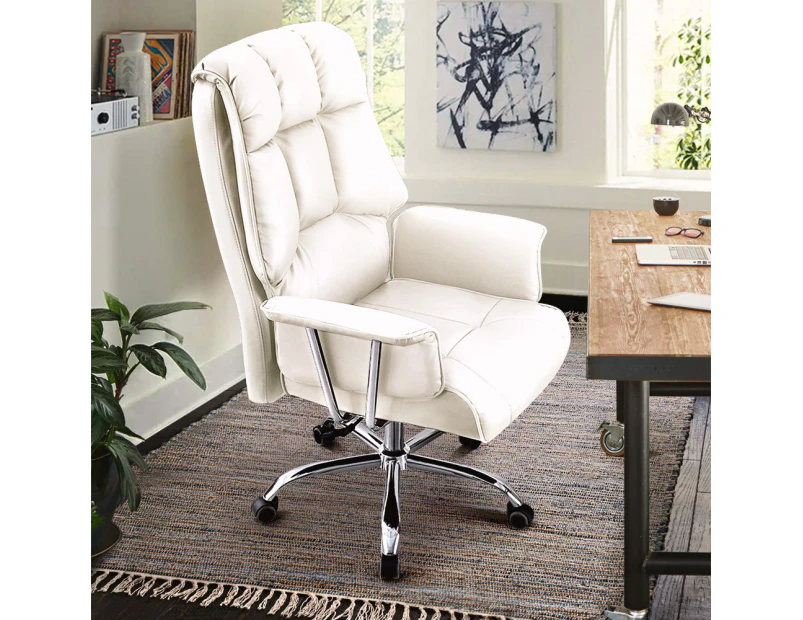 Furb Executive Office Chair PU Leather High-Back Thick Back Padded Seat Support Recliner White