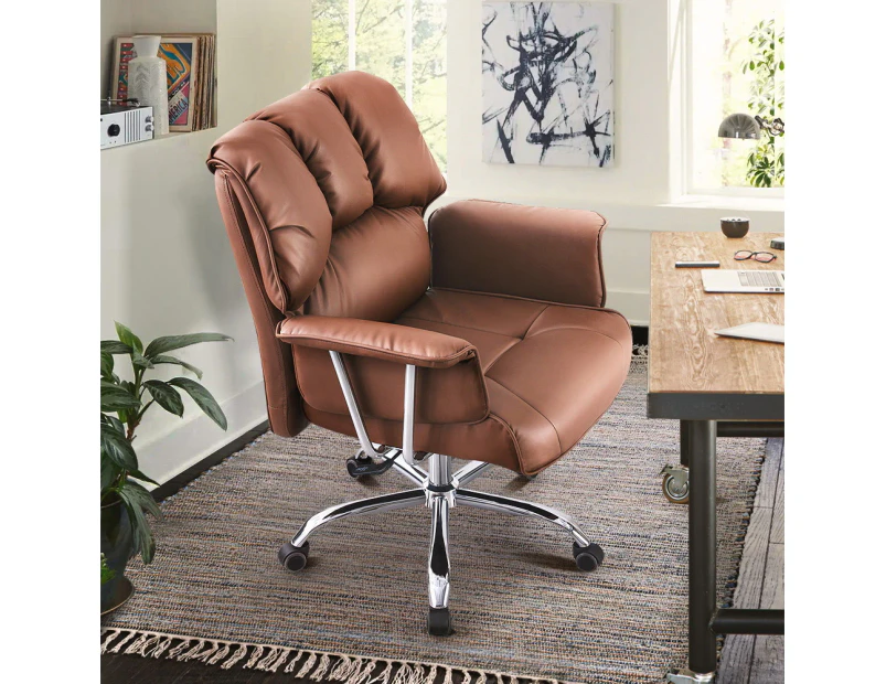 Furb Executive Office Chair PU Leather Mid-Back Thick Back Padded Seat Support Recliner Brown
