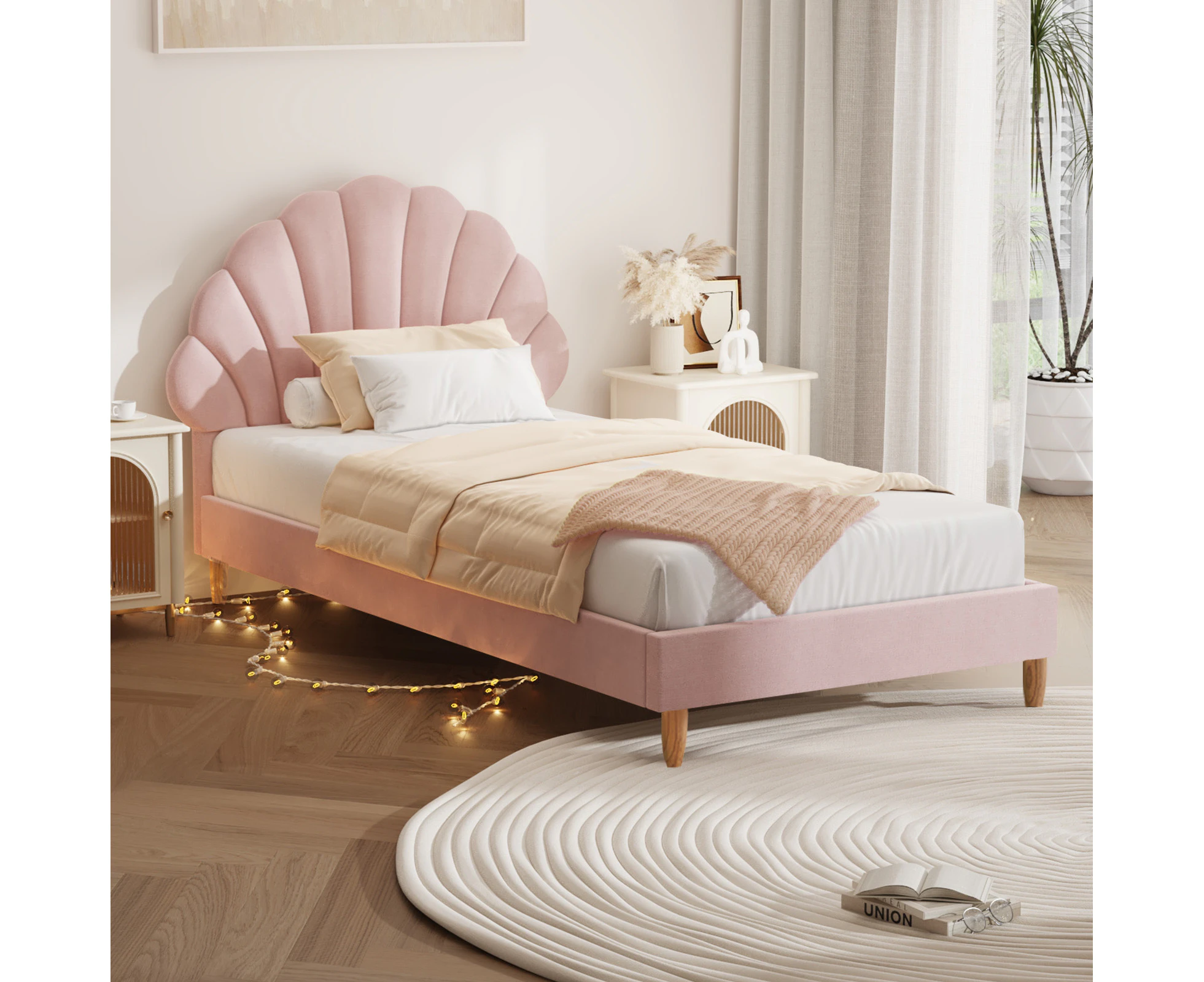 Oikiture Bed Frame Single Size Scallop-Shape Bedhead Pink Velvet