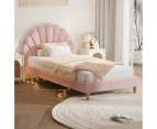 Oikiture Bed Frame Single Size Scallop-Shape Bedhead Pink Velvet