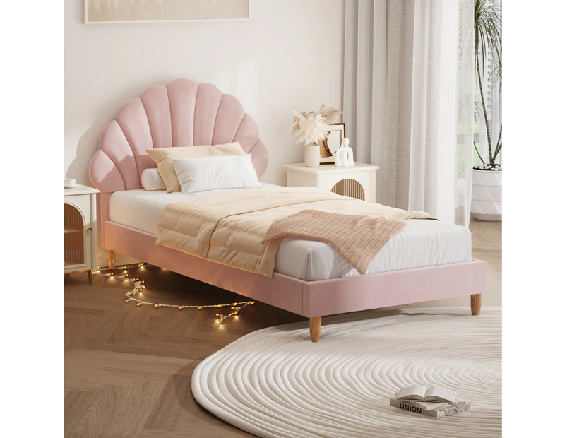 Oikiture Bed Frame Single Size Scallop-Shape Bedhead Pink Velvet