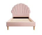 Oikiture Bed Frame Single Size Scallop-Shape Bedhead Pink Velvet