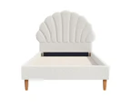 Oikiture Bed Frame Single Size Scallop-Shape Bedhead White Boucle