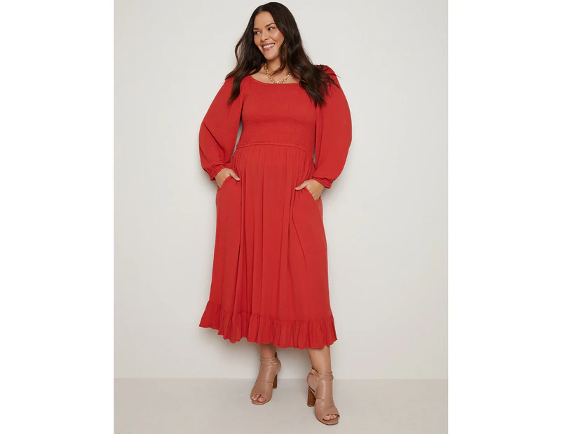 AUTOGRAPH - Plus Size - Womens Dress -  3/4 Sleeve Shirred Tiered Maxi Woven Dress - Rust