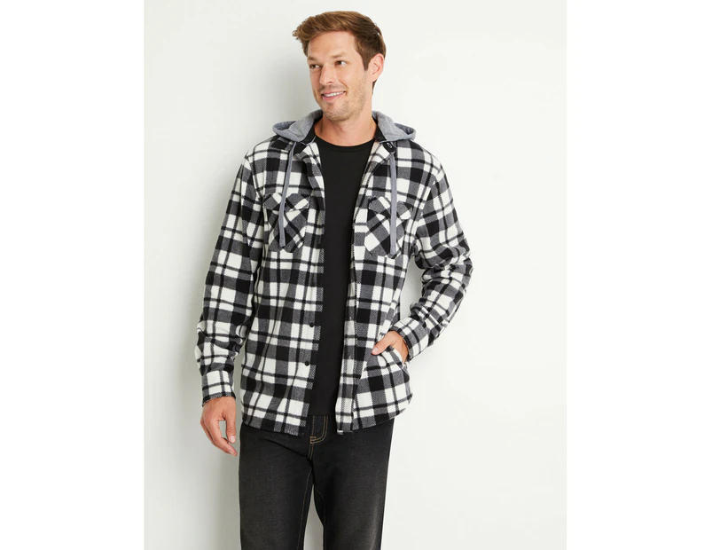 RIVERS - Mens Jacket -  Polar Fleece Check Shacket With Detachable Hood - Mono Check