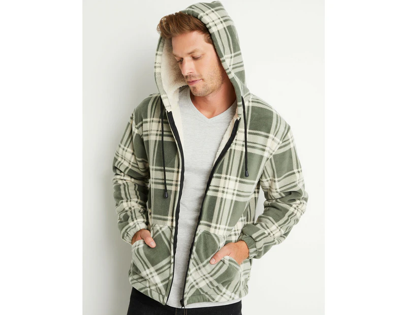 RIVERS - Mens Jacket -  Polar Fleece Check Zip Shacket With Hood - Sage Check