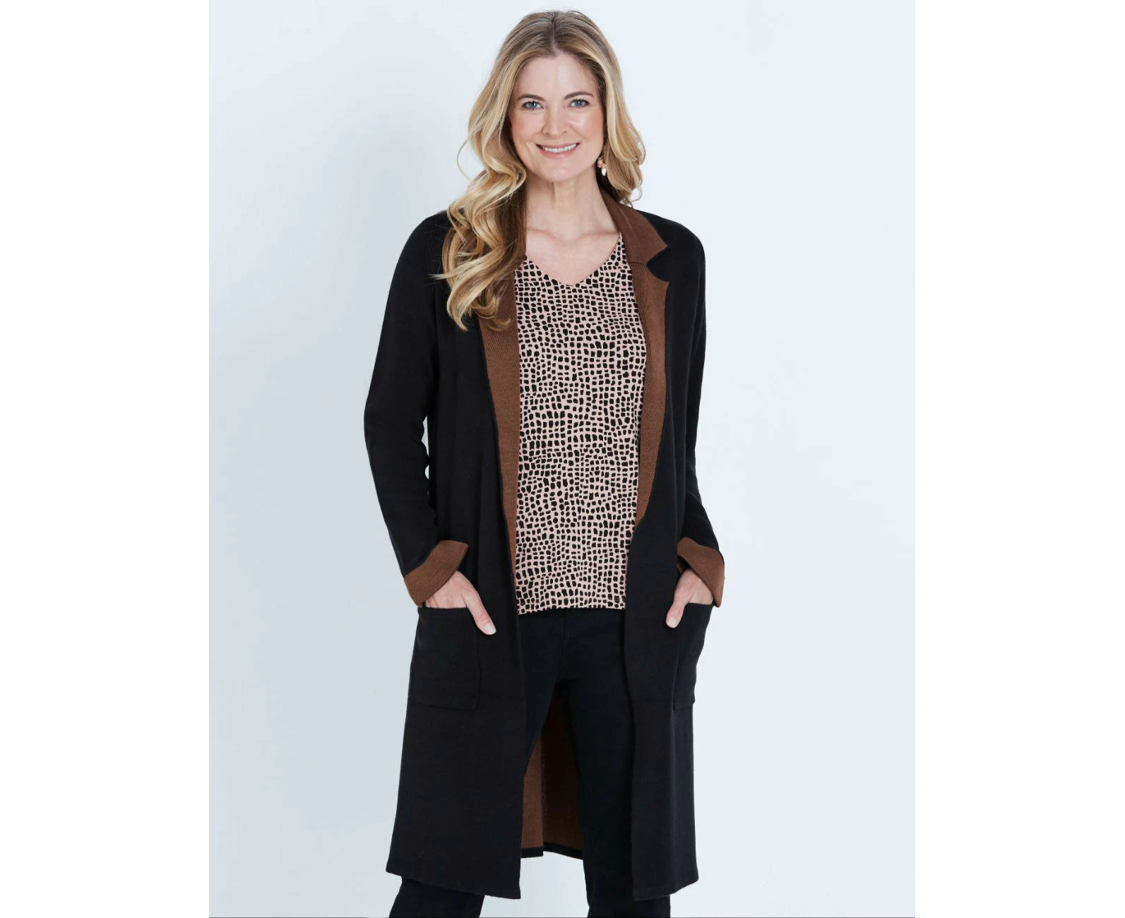 NONI B - Womens Coatigan -  Longline Lapel Coatigan - Black