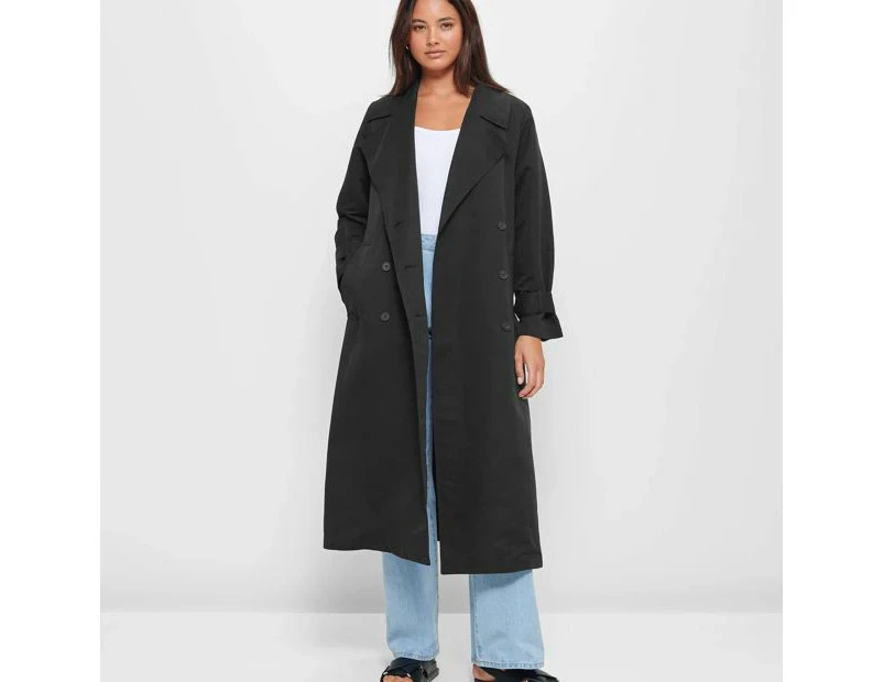 Button Front Longline Trench Coat - Lily Loves - Black