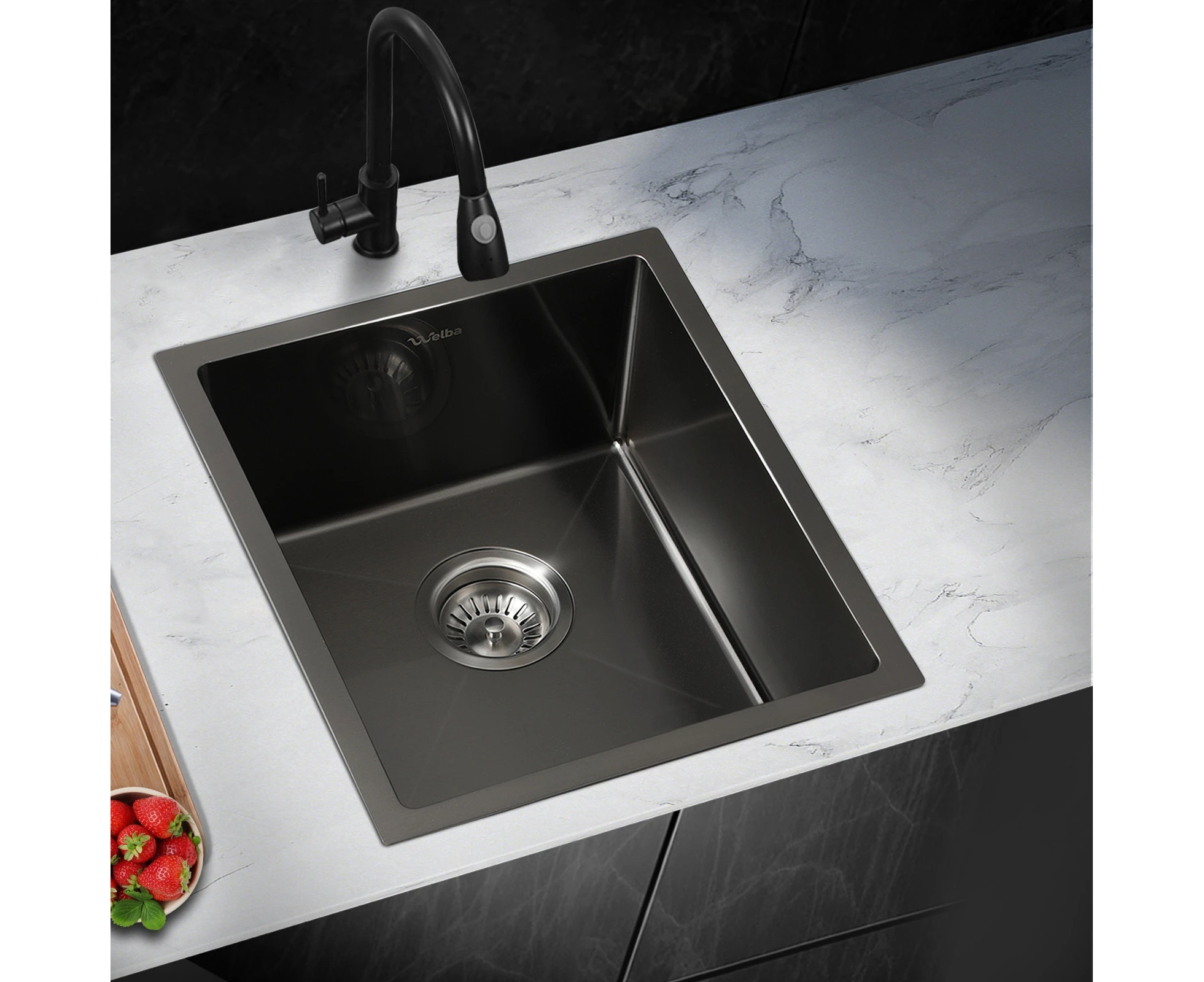 Welba Kitchen Sink 44X38CM Stainless Steel Single Bowl Basin With Waste Black