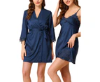 Cheibear 2pcs Pajama Sleepwear Silk Cami Nightdress With Robe Satin Sets Black