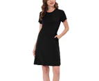 cheibear Strtechy Pyjama Dress with Pockets - Black - Black