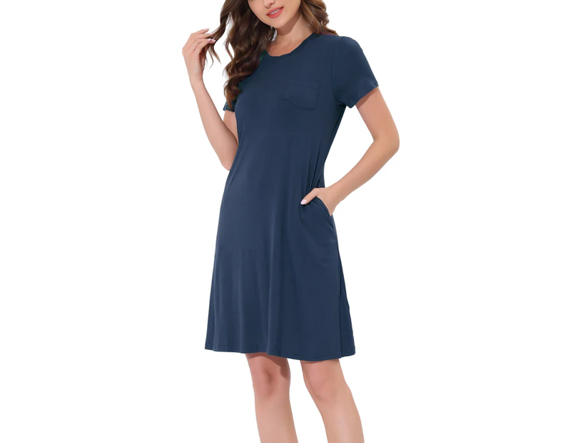 cheibear Strtechy Pyjama Dress with Pockets - Navy Blue - Navy Blue