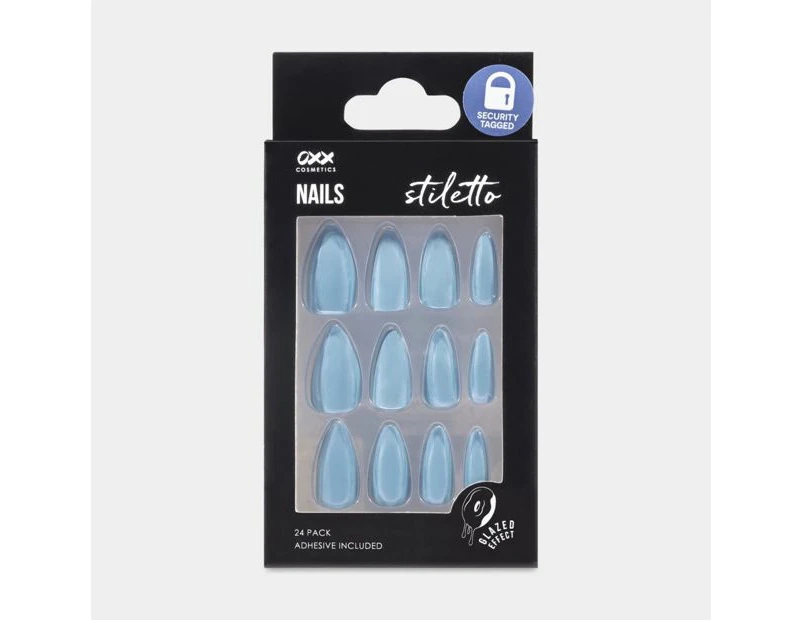 False Nails with Adhesive, 24 Pack, Stiletto Shape, Grey Blue Glazed Donut - OXX Cosmetics - Blue