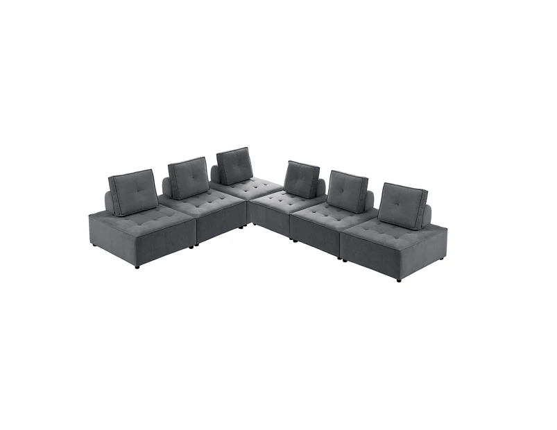 Foret 6pc Armless Seat Modular Extension Ottoman Couch Velvet Sofa 4 Colors - Dark Grey