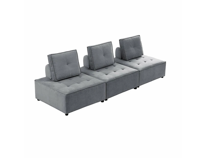 Foret 3pc Armless Seat Modular Extension Lounge Couch Velvet Sofa Light Grey