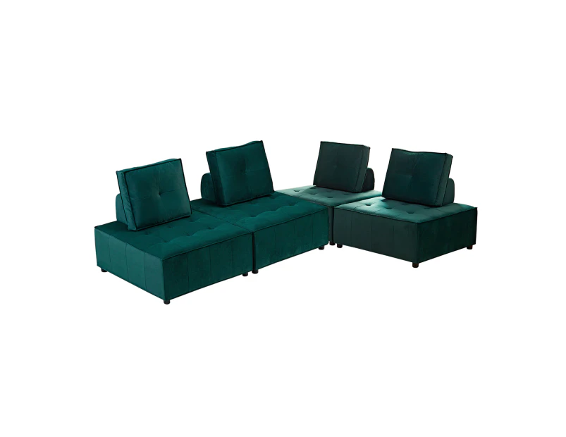 Foret 4pc Armless Seat Modular Extension Ottoman Couch Velvet Fabrics Sofa Green