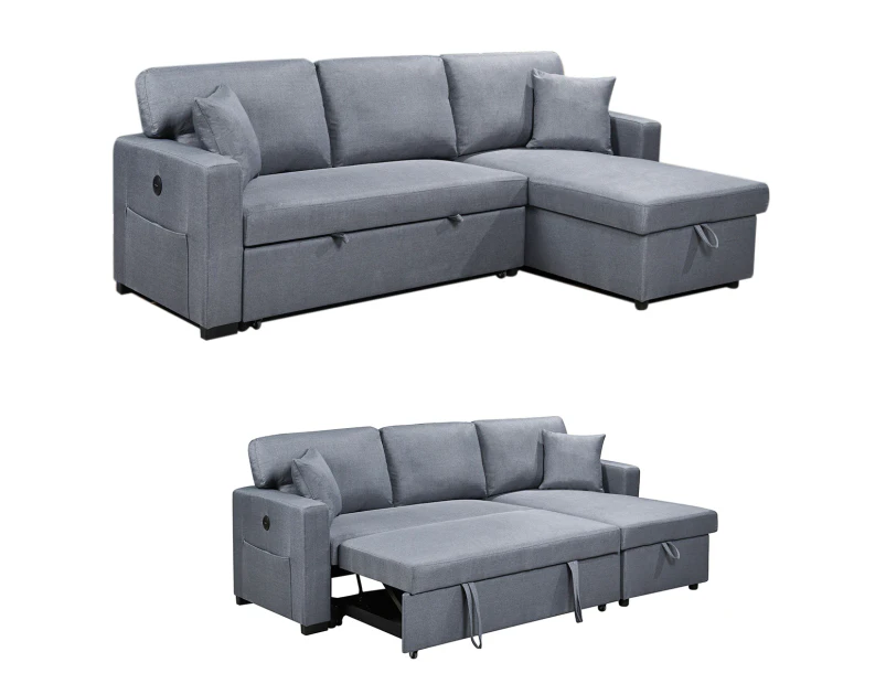 Foret 3 Seater Sofa Bed Modular Corner Pullout USB Lounge Storage Chaise Fabric in shade Charcoal - Dark Grey