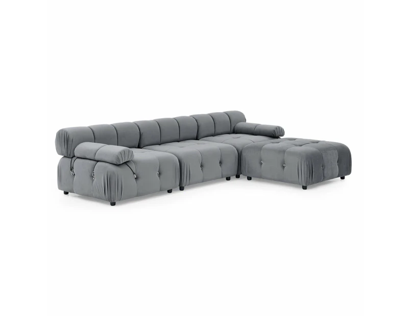 Foret 4 Seater Sofa Modular Arm Ottoman Tufted Velvet Lounge Couch - Light Grey