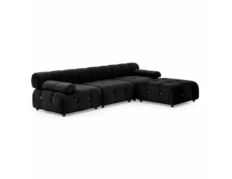 Foret 4 Seater Sofa Modular Arm Ottoman Tufted Velvet Lounge Couch - Black