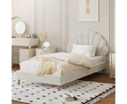 Oikiture Bed Frame Single Size Scallop-Shape Bedhead White Boucle